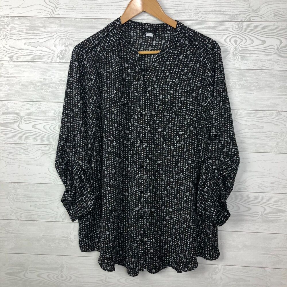 Simply Emma Women's 2X Printed Button Front Shirt Roll Tab Sleeves Blouse